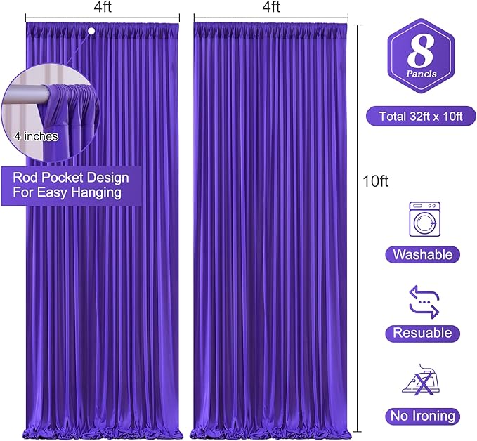 Purple Backdrop Curtains - 8 Panel Wrinkle-Free Polyester Photography Drapes for Baby Shower & Birthday Party - 32 x 10FT