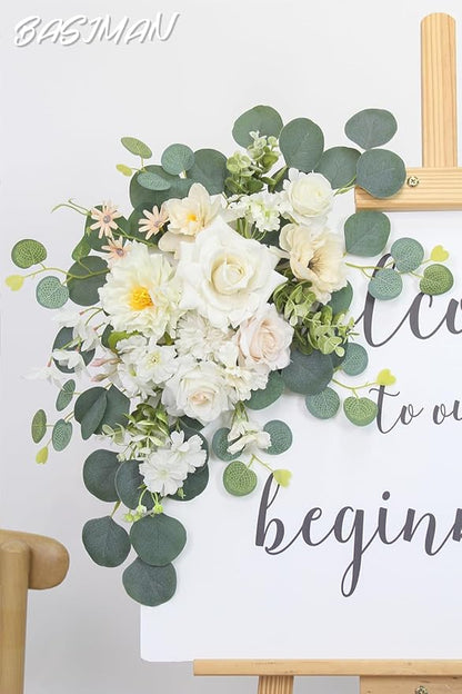 2pcs Wedding Arch Flowers,Wedding Artificial Sign Flower,Welcome Easel Door Decor Wall swags for Reception Backdrop Table Decorations Welcome Sign (Champagne White)