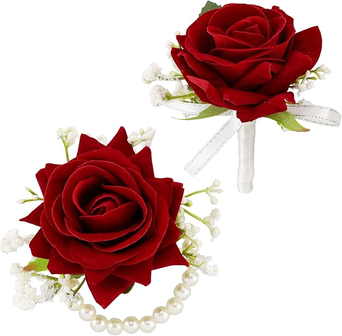 SITUMEIZI 2Pcs Red Rose Corsage and Boutonniere Set Corsage Wristlet Band Bracelet for Prom Decor and Boutonniere for Men Wedding Flowers Accessories Party Suit Decoration