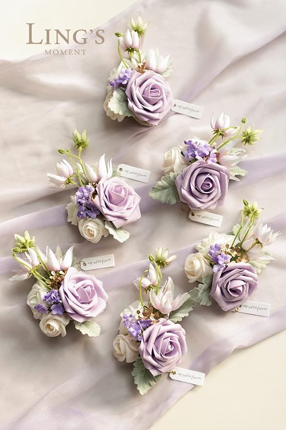 Ling's moment 6pcs Wedding Wrist Corsage Artificial Flowers, Girl/Mother Homecoming Prom Corsages Wristlet Décor, etc. Lilac Lavender Purple