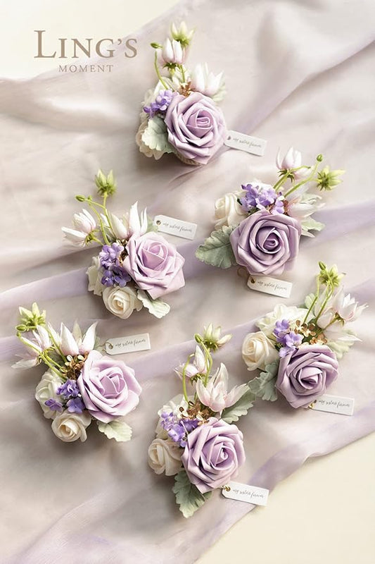 Ling's moment 6pcs Wedding Wrist Corsage Artificial Flowers, Girl/Mother Homecoming Prom Corsages Wristlet Décor, etc. Lilac Lavender Purple