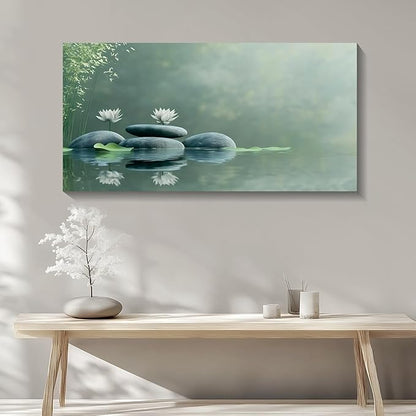 Iallbin Zen Stone Wall Art & Zen Wall Decor, Tranquil misty pond two white lotus flowers -for Yoga Meditation Room, Spa & Bathroom, Green Serenity Art Deco Style, Ready to Hang, 58x29 Inches
