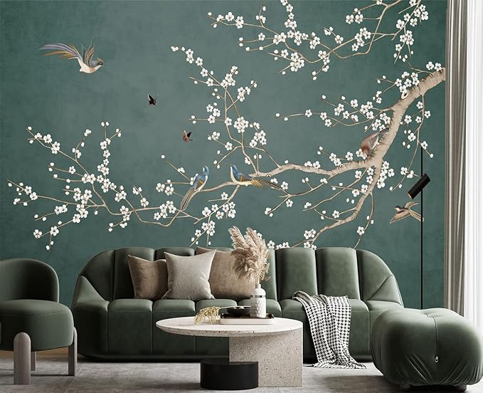 Plum Blossom Flower Bird Chinoiserie Wall Mural Wallpaper for Bedroom 137" x 100"