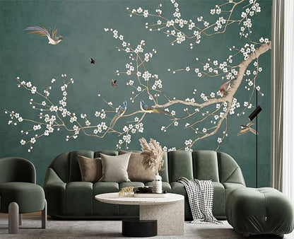 Plum Blossom Flower Bird Chinoiserie Wall Mural Wallpaper for Bedroom 137" x 100"
