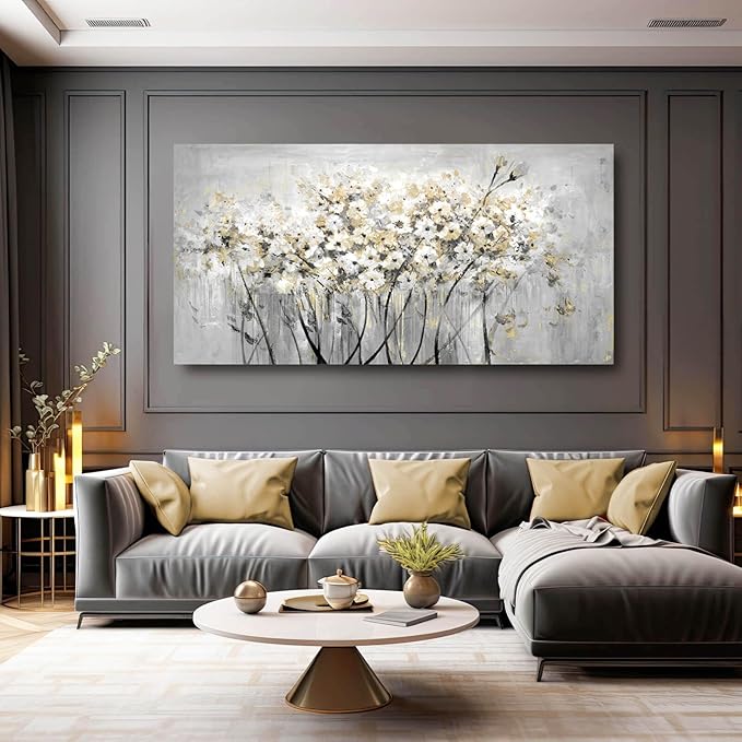 Flowers Canvas Wall Art White Paintings Grey Gold Contemporary Artwork Master Bedroom Wall Decor 29"x 58" Large Framed Art for Living Room Office Home Decor