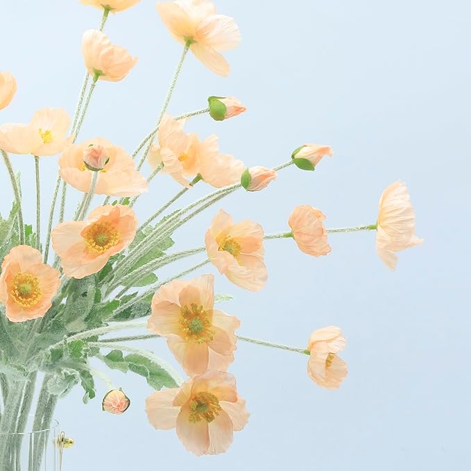 2 Pcs Artificial Fake Flowers Poppies Silk Flower Arrangements Wedding Bouquets Decorations Plastic Floral Table Centerpieces for Home Kitchen Garden Party Decor Approx 23.6" High - Dark Champagne