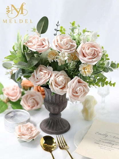 Meldel Artificial Flower 25pcs Real Looking Pink Fake Foam Roses with Stems for DIY Wedding Bouquets Gifts Bridal Shower Faux Floral Centerpieces Arrangements Home Party Tables Decorations