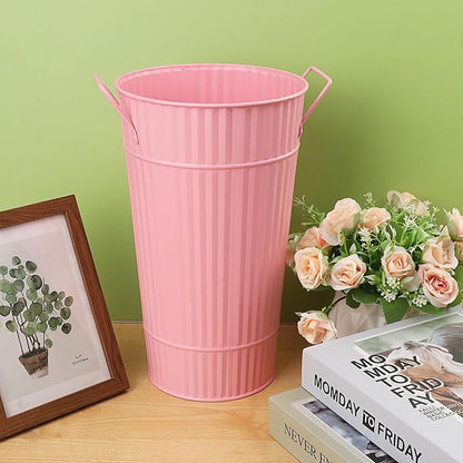 4 PCS 12 Inch Pink Galvanized Flower Buckets, Metal Flower Vase, Rustic Tall Flower Bucket with Handles for Wedding, Home Décor