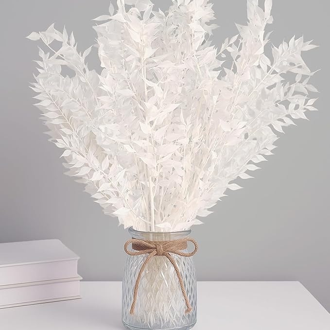 7 Pcs Natural White Italian Ruscus Eucalyptus, 16'' Eucalyptus Dried Flower Bundles for DIY Flower Arrangements, Home Decor, Garlands, Weddings, Vases, and Centerpieces