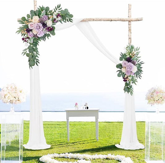 ponatia Wedding Arch Flowers with 26Ft Chiffon Fabric, Artificial Purple Flowers for Wedding Welcome Signs Decorations for Wedding Ceremony Reception (Lilac & Cream)