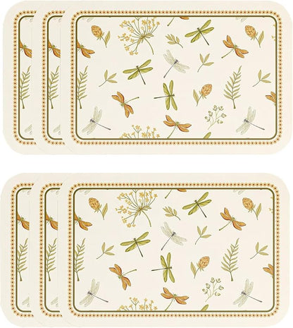 ISAENNE Dragonfly Print PVC Placemats Set of 6,Rectangular Green Placemat, Waterproof and Heat-Resistant Floral Pattern,Decoration for Kitchen,Dinning,Parties, Holiday,12"*17"