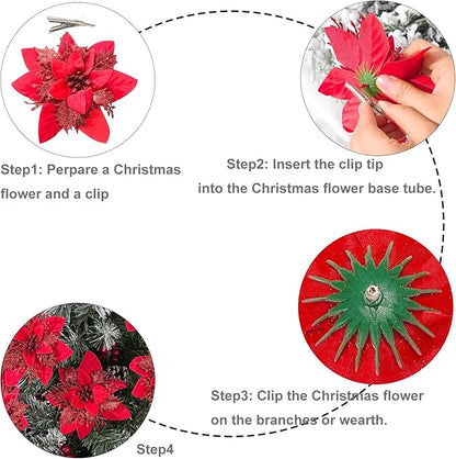 Zhuqing 15Pcs Christmas Poinsettia Artificial Flowers Decorations, Glitter Poinsettia Christmas Tree Ornaments,All Red Tree Flowers for Xmas/Party/Holiday/Wreath/Garland Decor, with Cilps, 5.5 Inch