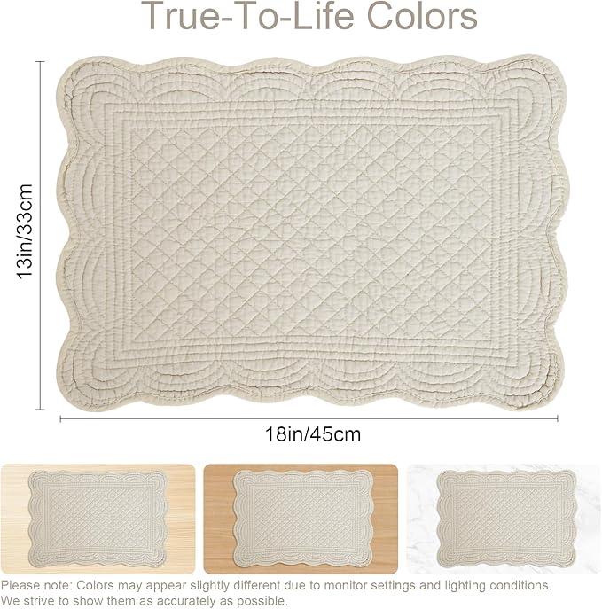 6 PCS Quilted Placemats -13x18 inches, 100% Cotton Placemats with Microfiber Filling, Thick & Washable Place Mats for Durable Use, Rectangular Placemats with Scalloped Edge for Kichen and Dining, Flax