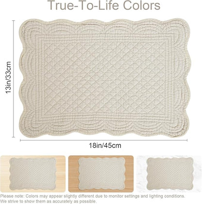 6 PCS Quilted Placemats -13x18 inches, 100% Cotton Placemats with Microfiber Filling, Thick & Washable Place Mats for Durable Use, Rectangular Placemats with Scalloped Edge for Kichen and Dining, Flax