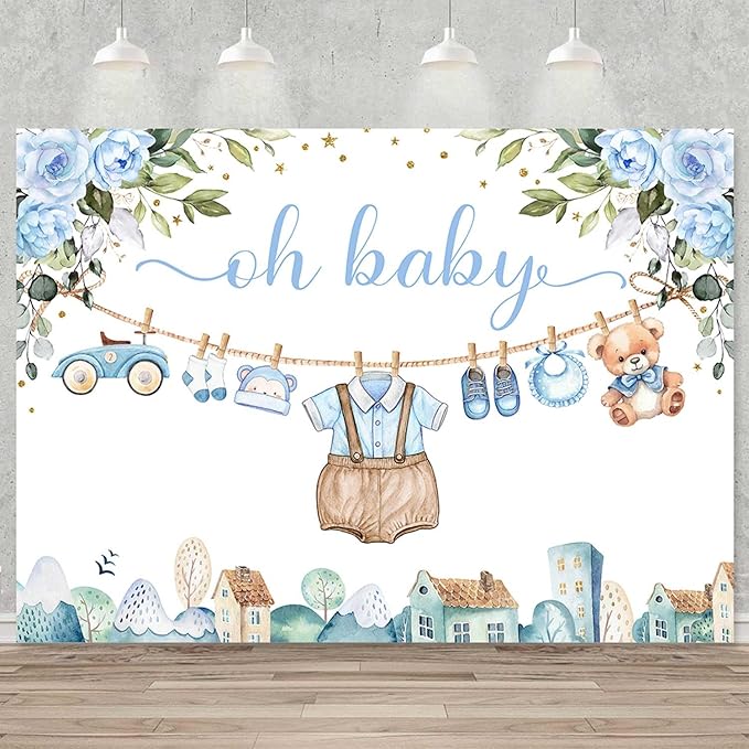 Sensfun Cute Clothes Baby Shower Backdrop for Boys Oh Baby Newborn Blue Floral Eucalyptus Leaves Adventure Baby Shower Party Decorations Banner Supplies Photo Booth Studio Props 8x6ft