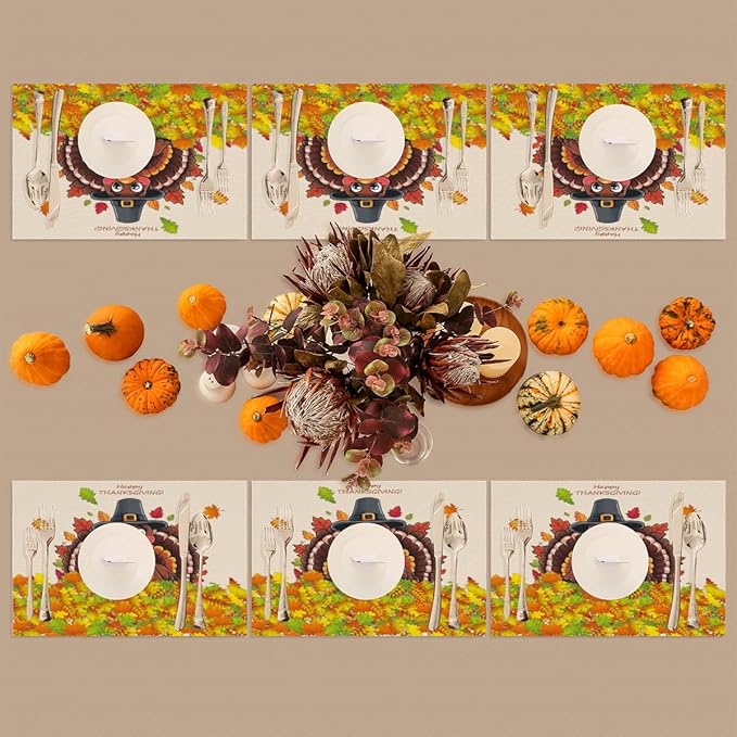 Thanksgiving Leaf Turkey Placemats Set of 6 PVC Vinyl Non Slip Table Mats Heat Resistant Place Mats Washable Wipeable Dining Table Mat for Kitchen Decor Party Indoor Outdoor Decorative Gift