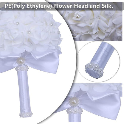 Wedding Bouquets for Brides or Bridesmaids Pearl Embellishment Roses Bridal Bridesmaid Wedding Hand Bouquet Artificial Fake Flowers.(White)