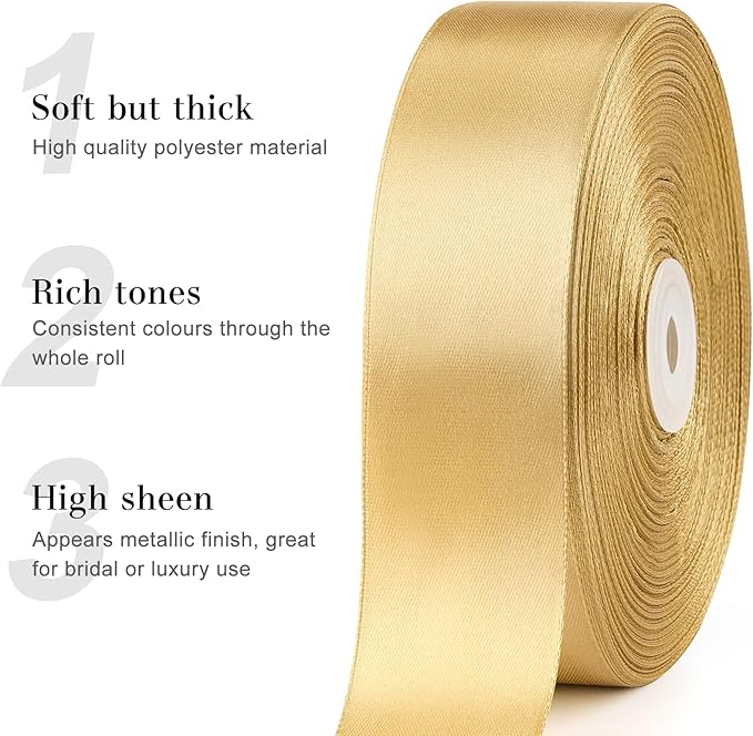 1-1/2 Inches 100 Yards Champaign Gold Satin Ribbon, Solid Fabric Ribbon Roll for Flower Bouquets, Gift Wrapping, Wedding, Handmade Crafts