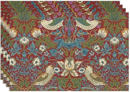 William Morris Floral Placemats Set of 4, Vintage Flower Strawberry Birds Red Place Mats, Heat Resistant Non Slip Cotton Linen Dining Table Mats for Home Kitchen Party 18x12 Inch