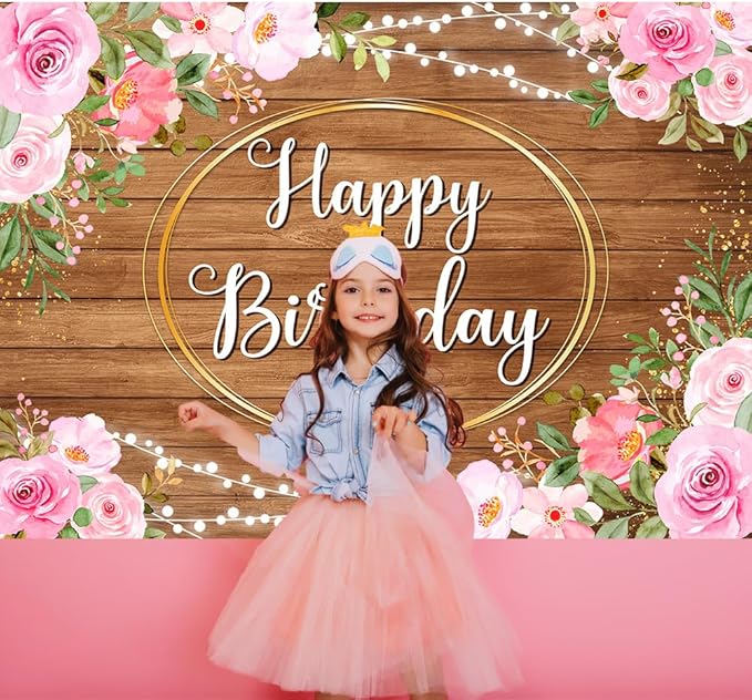 Pink Flowers Happy Birthday Banner Brown Wooden Floral Happy Birthday Backdrop for Women Golden Frame Glitter Lights Photography Background for 20th 30th Women Girl Party Decorations 5.9x3.6Ft