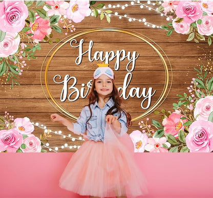 Pink Flowers Happy Birthday Banner Brown Wooden Floral Happy Birthday Backdrop for Women Golden Frame Glitter Lights Photography Background for 20th 30th Women Girl Party Decorations 5.9x3.6Ft