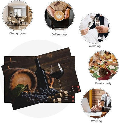 Red Wine Linen Placemats Set of 6 Vintage Wooden Wine Barrels Modern Art Placemat Indoor Outdoor Party Home Desktop Kitchen Dining Room Decoration 12x18 Inch