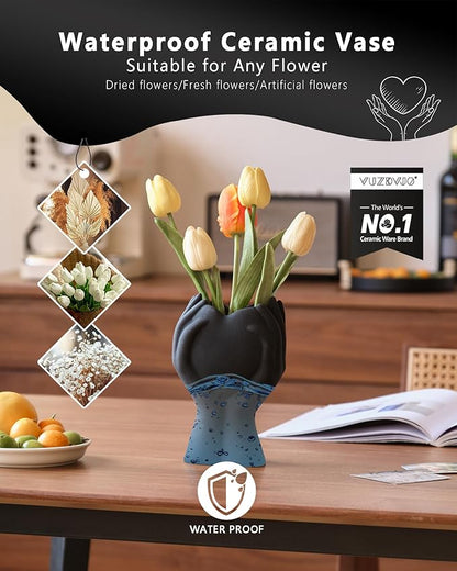 8" Heart Hand Black Ceramic Vase - Unique Modern Aesthetic Flowers Vase for Living Room Bedroom Office Kitchen Table Centerpiece or Shelf Decor-Gifts for Wedding Bridal Shower Women Mom (Black)