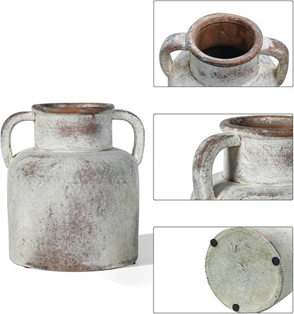 Ceramic Vase with Handles, 6.3 Inch Rustic Flower Vase, Farmhouse Table Decor, Distressed Terracotta Jug for Home Decor, Vintage Centerpieces for Tables, Shelf, Mantel, Living Room Decoration