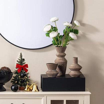 Ceramic Vase Home Table Decor - Brown Flower Vase Set of 3 Living Room Kitchen Decorations Farmhouse Modern Rustic Vases Decorative Centerpiece for Shelf Bedroom Office Bathroom Dining Coffee Desk