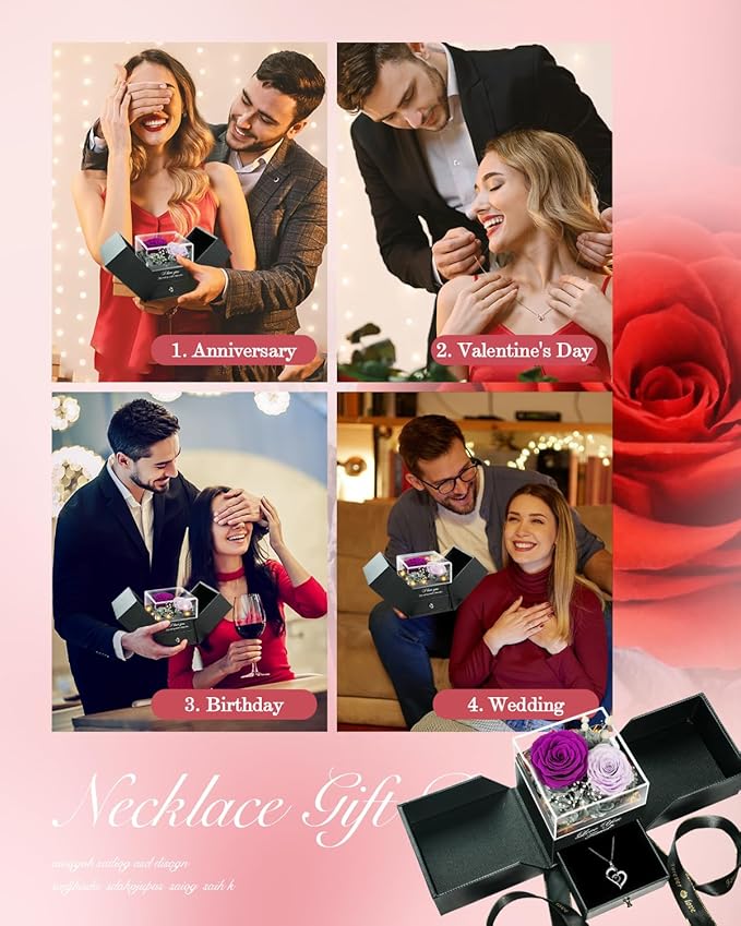 Birthday Gifts for Women, Preserved Real Roses with Heart Necklace I Love You in 100 Languages, Anniversary Wedding Gifts for Women Her Girlfriend Wife, 2 Forever Roses Necklace Gift Box Purple