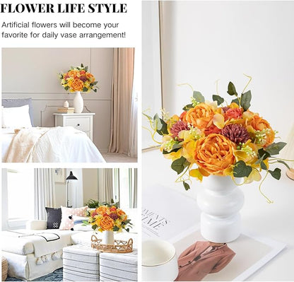 ASTRYAS 2 PCS Fall Peonies Artificial Flowers Bouquet, Yellow Fake Roses Silk Mums Fall Floral Arrangements for Autumn Home Decor Indoor Table Centerpieces Decoration
