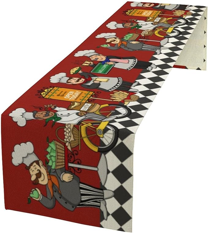 Retro Chef Table Runner,Farmhouse Burlap Table Runners for Party Wedding, Chef Decorations for The Kitchen, Chef Kitchen Decor 13x70in