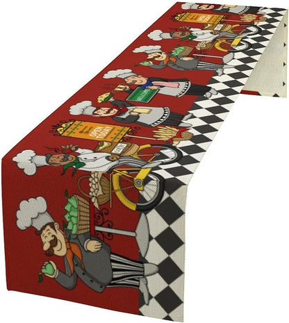 Retro Chef Table Runner,Farmhouse Burlap Table Runners for Party Wedding, Chef Decorations for The Kitchen, Chef Kitchen Decor 13x120in