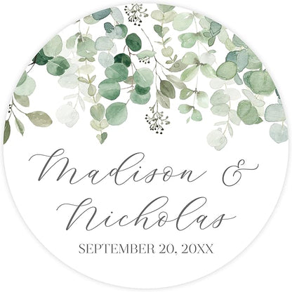 Personalized Floral Wedding Stickers with Your Choice of 30 Flower Styles - Choose Font and One of Five Pre-made Phrases or Add Custom Text (001 - Eucalyptus)