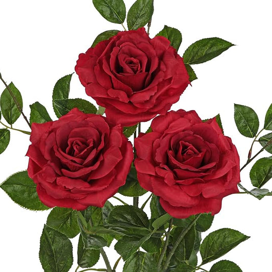 Hollyone 3Pcs Red Roses Artificial Flowers Bouquets 26.3" Fake Flower Arrangements Silk Flowers Rose with Long Stem Floral Branch Faux Roses Flowers DIY Wedding Party Table Centerpieces Home Decor