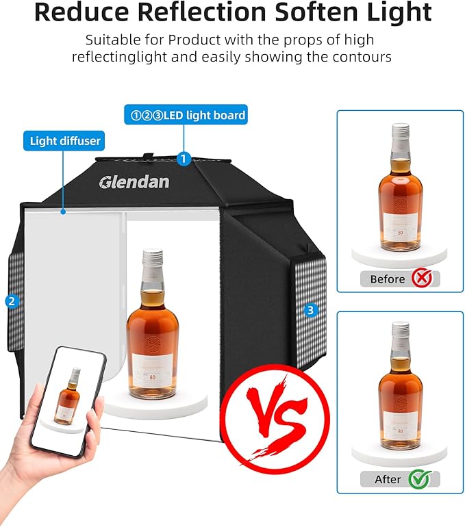 Glendan Light Box for Photography: 16"x16" Portable Photo Studio Soft Box with 480 LED Light - Photo Booth Box with 4 Color Backdrops for Jewelry Product Photography