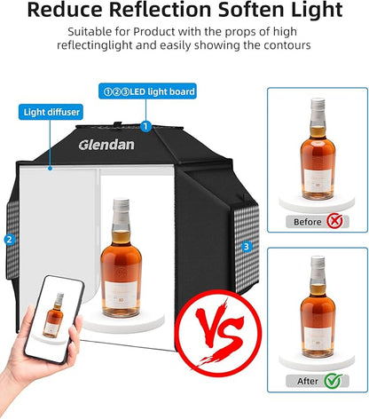 Glendan Light Box for Photography: 16"x16" Portable Photo Studio Soft Box with 480 LED Light - Photo Booth Box with 4 Color Backdrops for Jewelry Product Photography