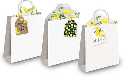 Pro Supply Global 24 Count of 2.5 Inch x 3 Inch Pre Strung Lemons Gift Tag Assorted Printed Designs on Large Cardstock Gift Hang Tags - Ideal to Use on Bags