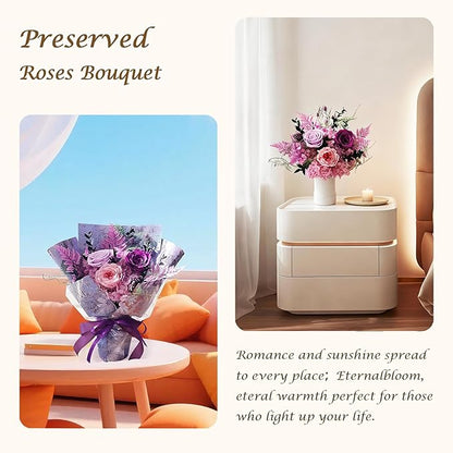 Preserved Roses Bouquets,Flowers for Delivery, Eteranl Purple Rose Bouquets Long-Lasting Real Flowers,Birthday Flowers Gifts for Mom Women Friends, Mothers Day for Grandma Wife Her(Purple)