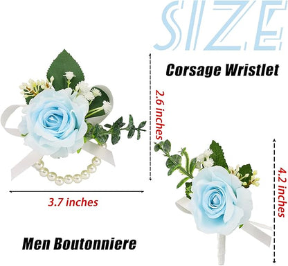 SITUMEIZI 2Pcs Blue Corsage and Boutonniere Set,Corsage Wristlet for Prom Decor,Boutonniere for Men Wedding Flowers Accessories Party Suit Decoration(Light Blue)