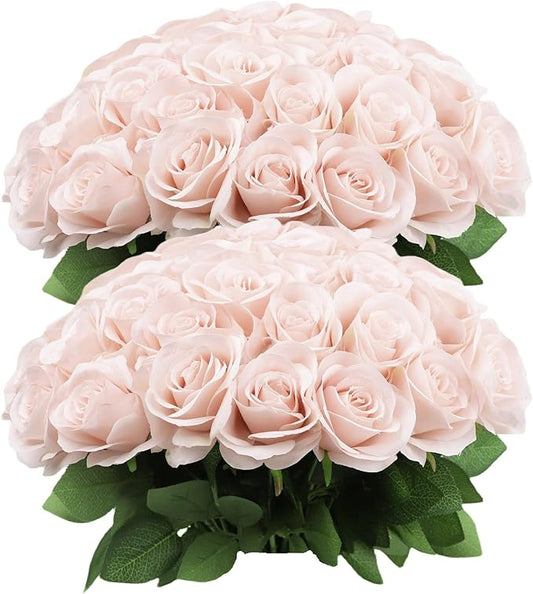 50pcs Roses Artificial Flowers Pink Fake Roses Flowers with Long Stems Silk Flowers for Wedding Bouquet Centerpices Decorations Party Bridal Baby Shower Home Decor