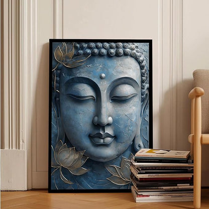 Canvas wall art Golden lotus crown Serene Buddha poster Ethereal blue toned art with delicate floral decor Zen wall art for a tranquil meditation space 12x18in Metal blackFramed
