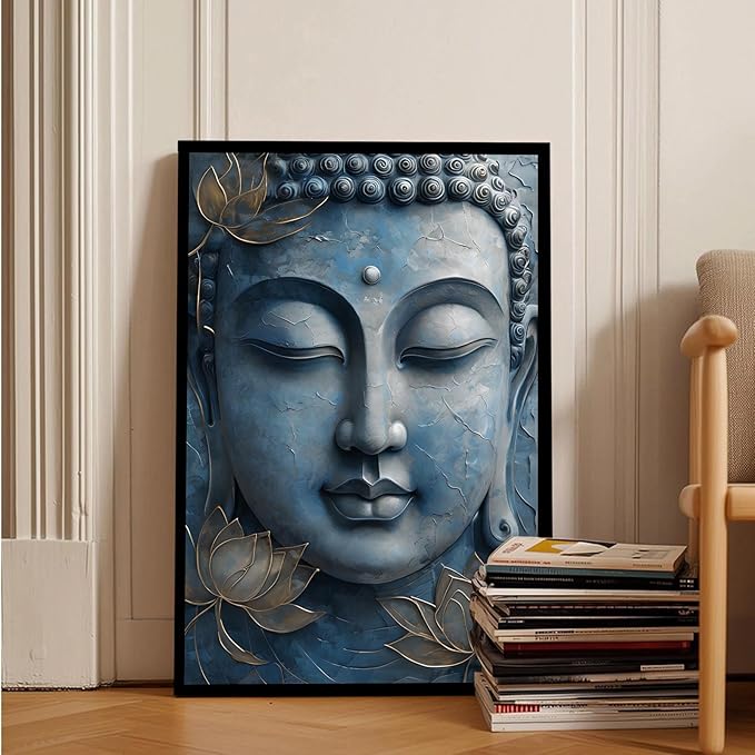 Canvas wall art Golden lotus crown Serene Buddha poster Ethereal blue toned art with delicate floral decor Zen wall art for a tranquil meditation space 24x36in Metal blackFramed