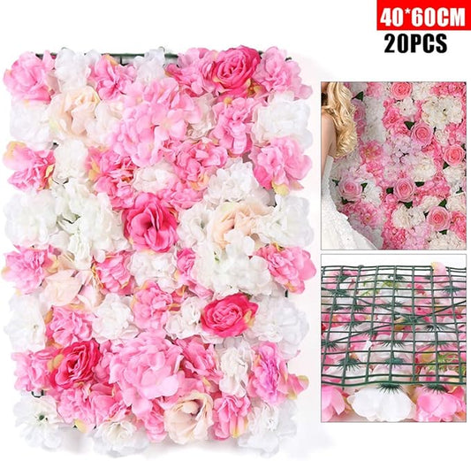 20 Pack Artificial Flower Wall Panels 24" x 16" Pink&White Faux Hydrangea and Rose Artificial Flower Backdrop Panels for Wedding Party Event Flower Wall Decor