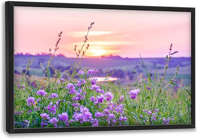 Nature Scenery Large Wall Art Sunset Framed Wall Decor for Living Room Countryside Wildflowers Pictures Oversized Canvas Print Painting Modern Extra Large Framed Artwork for Bedroom Office 36"x24"