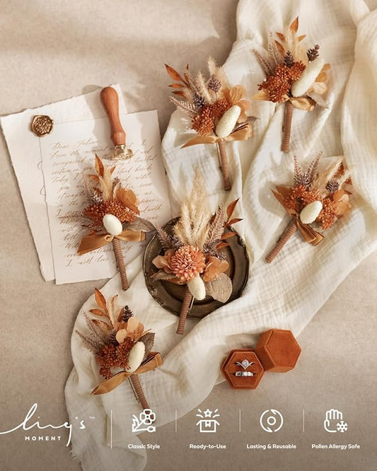 Ling's moment Boutonniere for Men, 6pcs Groom Groomsmen Boutonniere, Artificial Flowers for Wedding Decor/Prom/Homecoming, etc.Rust Boho Terracotta