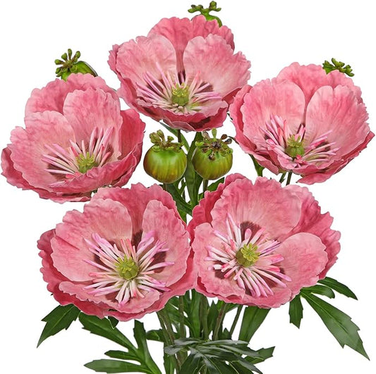 Hollyone 5Pcs Pink Poppy Flowers Artificial Bouquet 32.2" Silk Fake Poppy Flowers Arrangement Real Touch Faux Poppies Flower Long Stem for DIY Wedding Party Table Centerpiece Table Home Decor