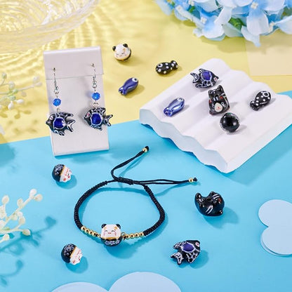 Beadthoven 12pcs Lucky Animal Ceramic Beads 3D Black Blue Handmade Porcelain Craft Beads Cute Fish Cat Shaped Floral Printed Animal Spacers for DIY Crafts Bracelet Earring Necklace Jewelry Making