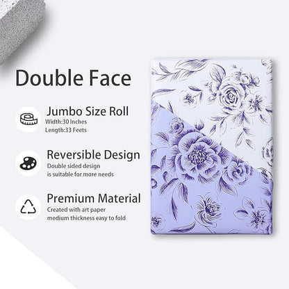 WRAPAHOLIC 30 Inch Reversible Floral Wrapping Paper Roll - 30 Inch x 33 Feet - Purple Flower Wrapping Paper for Wedding, Bridal Shower, Mother's Day, Birthday, Baby Shower