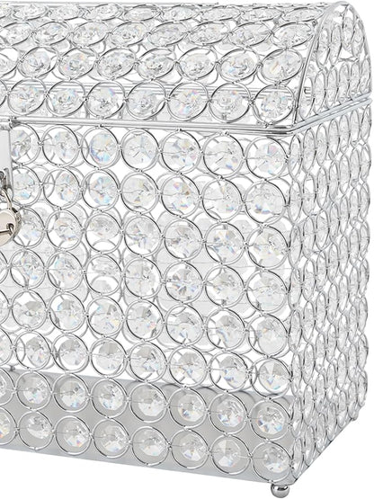 Crystal Wedding Card Box With Heart Lock Silver Treasure Chest Money Card Box Gift Decorative Memory Box for Wedding Birthday Graduation Party Decoration